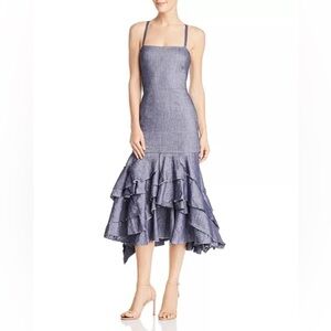Milly High Low Apron Ruffle Denim Look Linen Mermaid Midi Dress - Size 10 NWT